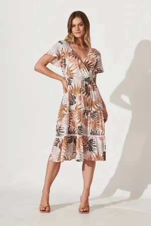 Aquarius Midi Dress In Brown Leaf Print