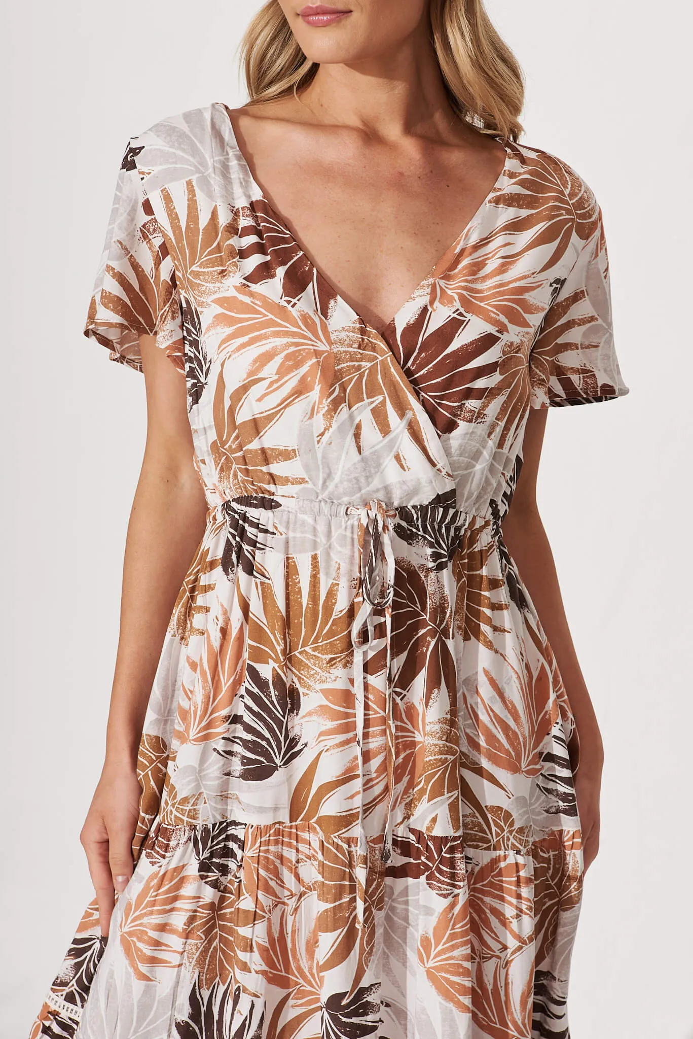 Aquarius Midi Dress In Brown Leaf Print