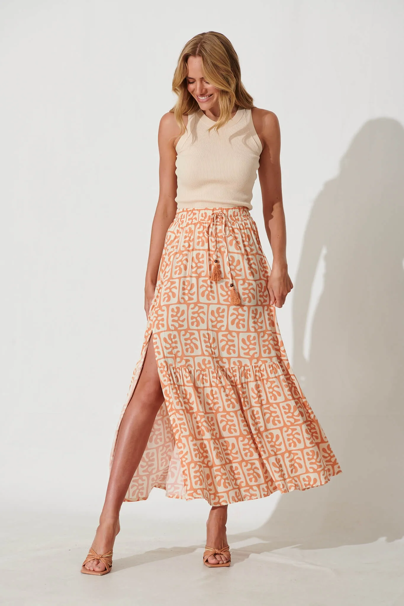 Bilboa Maxi Skirt In Tan With Cream Print