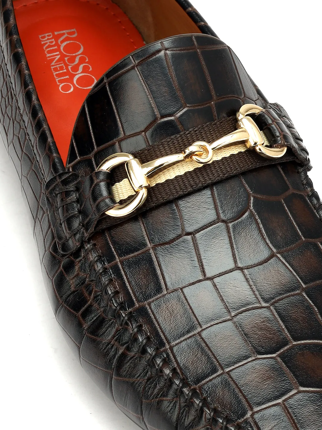Brown Croco Textured Moccasins With Buckle