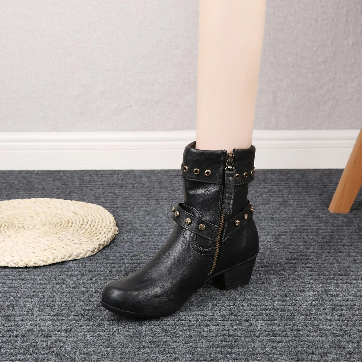 Chicvane New Women's Studded Side Zipper Chunky Heel Ankle Boots