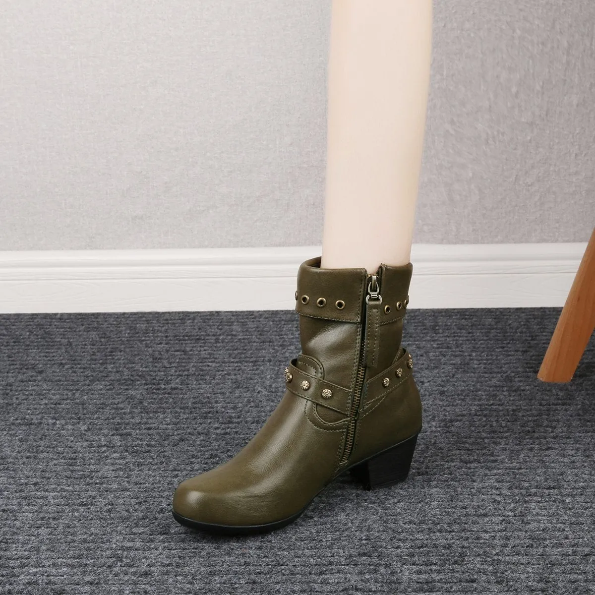 Chicvane New Women's Studded Side Zipper Chunky Heel Ankle Boots
