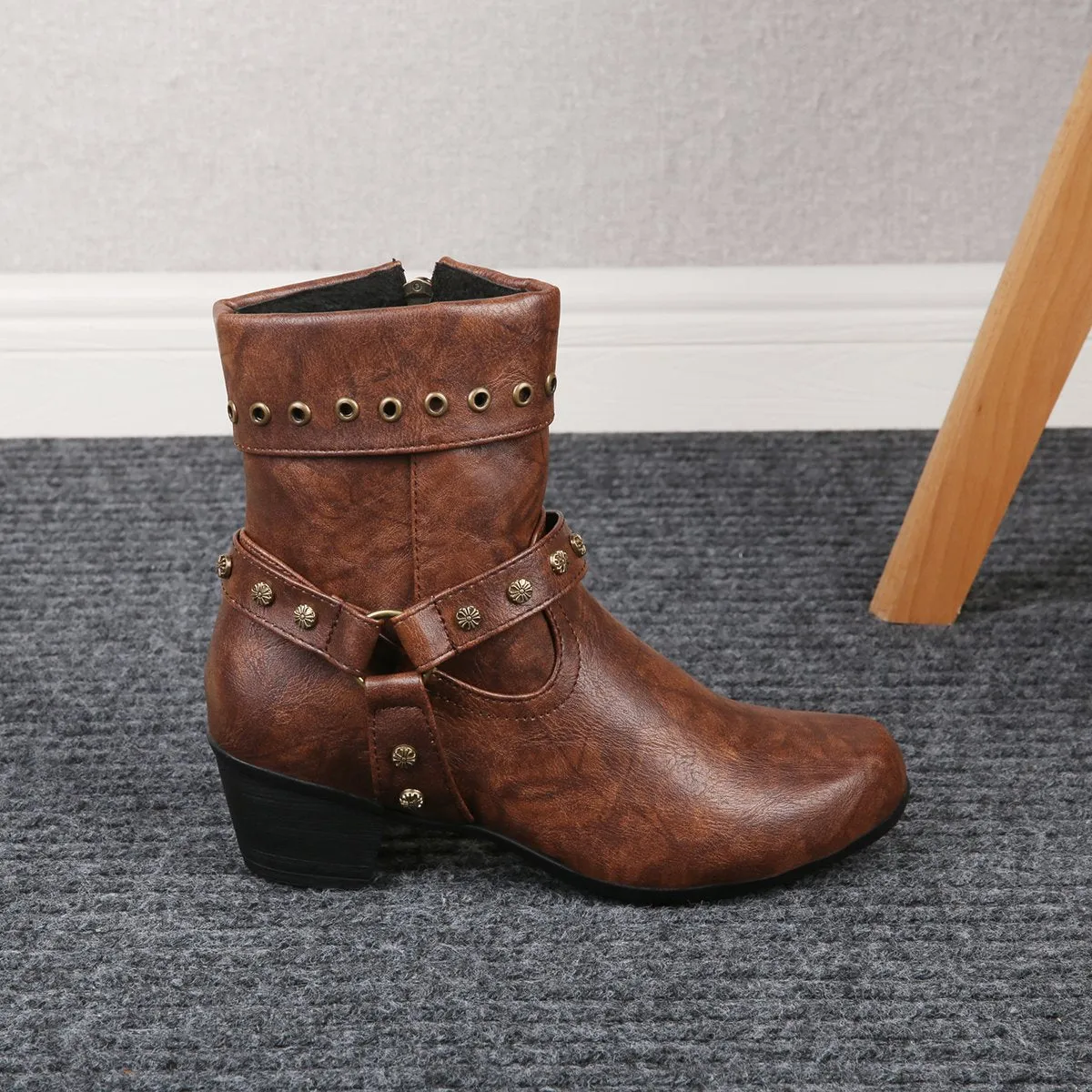 Chicvane New Women's Studded Side Zipper Chunky Heel Ankle Boots
