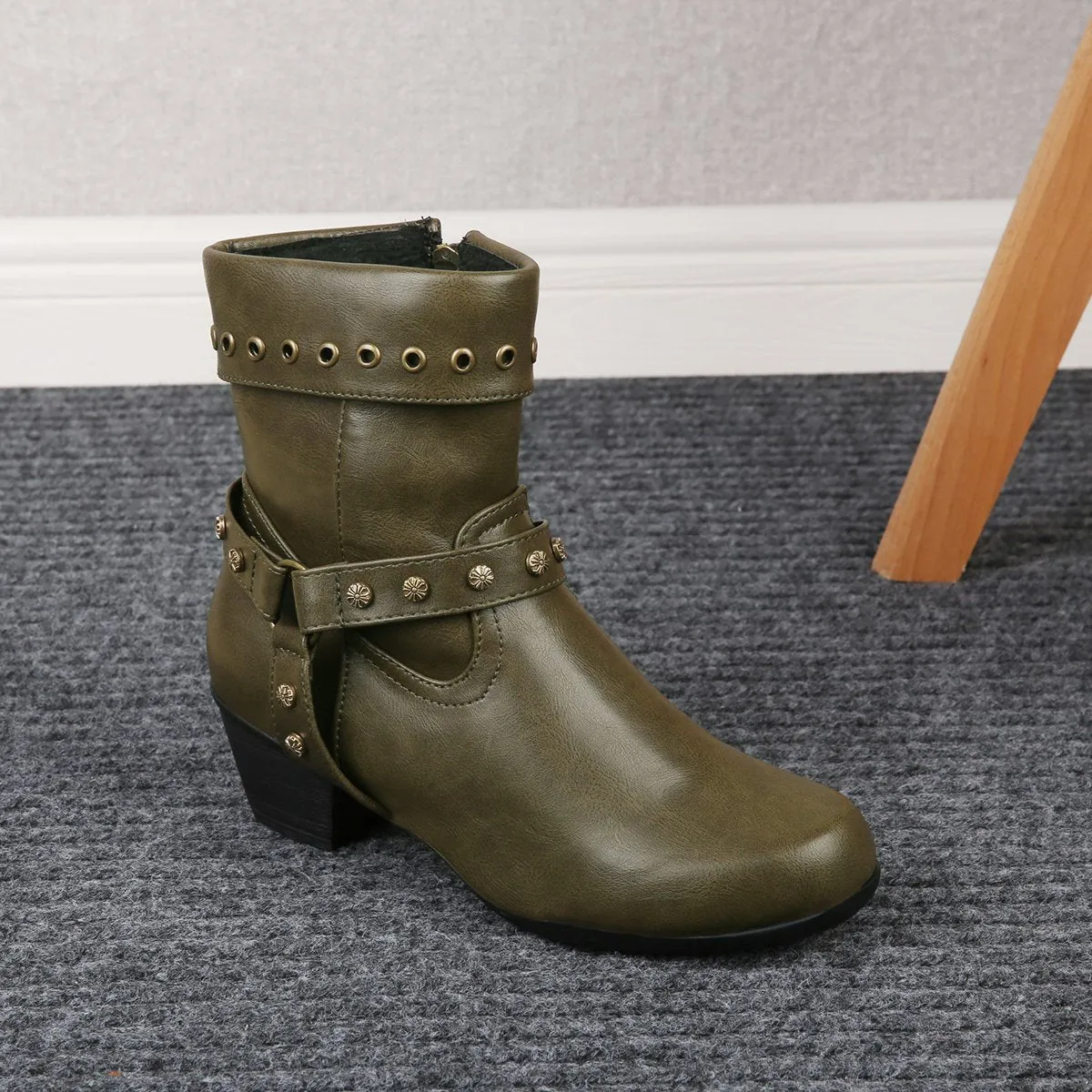 Chicvane New Women's Studded Side Zipper Chunky Heel Ankle Boots