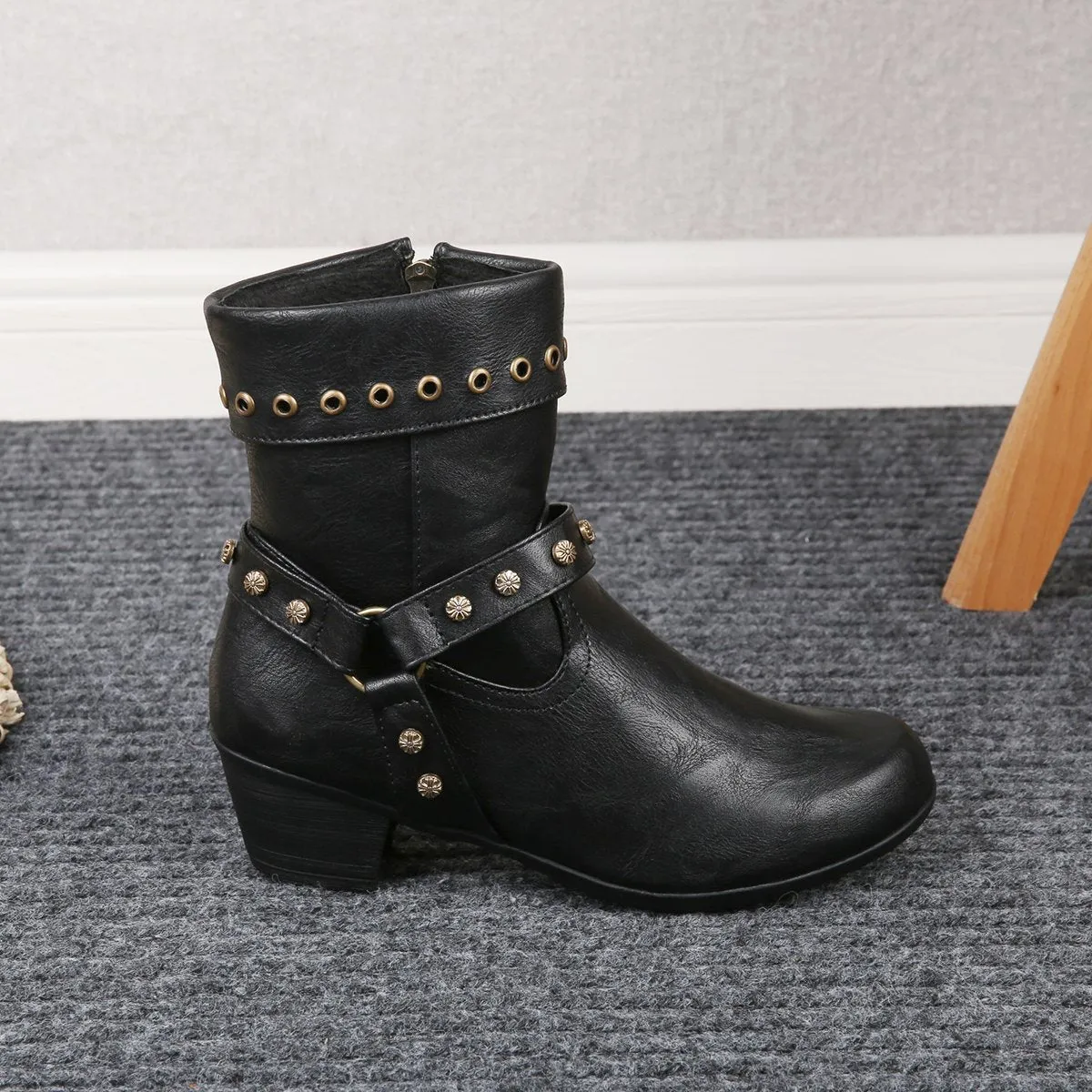Chicvane New Women's Studded Side Zipper Chunky Heel Ankle Boots
