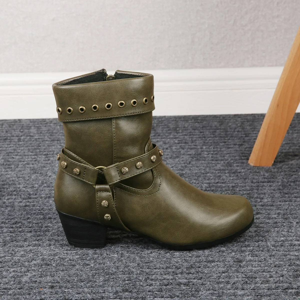 Chicvane New Women's Studded Side Zipper Chunky Heel Ankle Boots