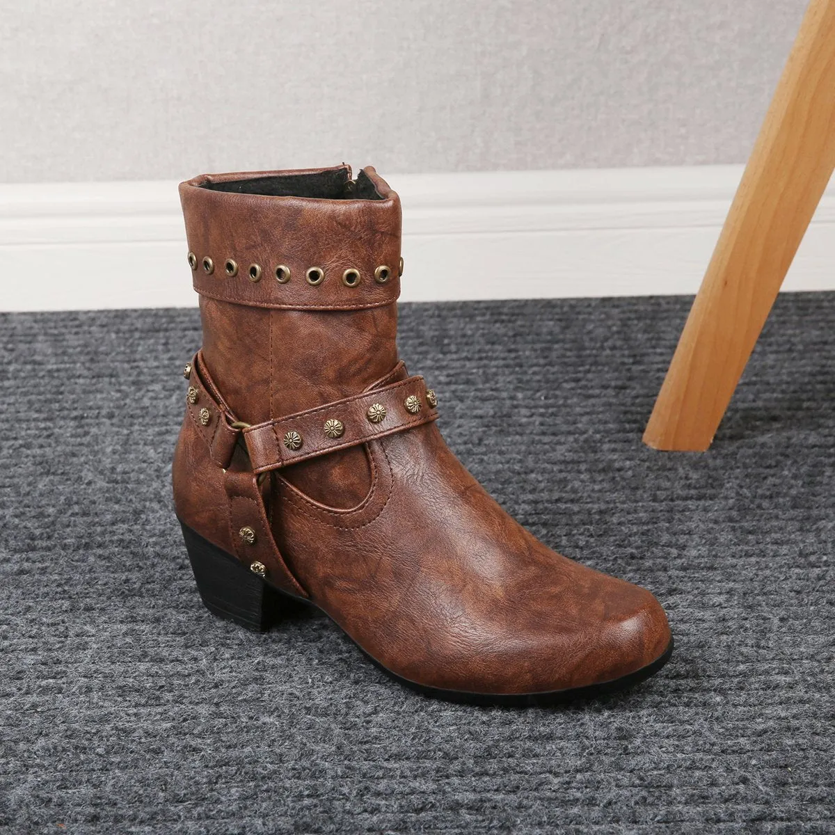 Chicvane New Women's Studded Side Zipper Chunky Heel Ankle Boots