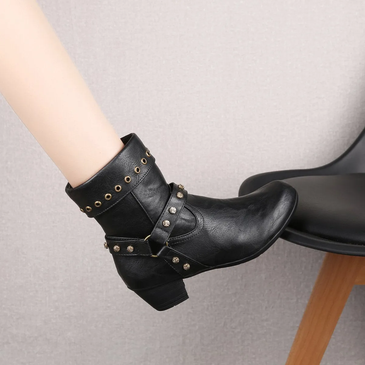 Chicvane New Women's Studded Side Zipper Chunky Heel Ankle Boots