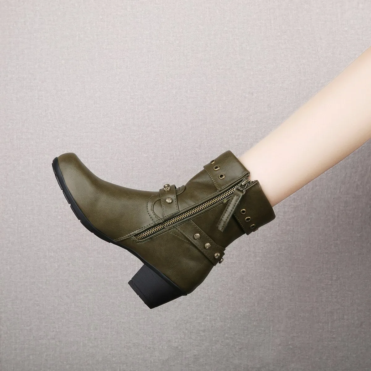Chicvane New Women's Studded Side Zipper Chunky Heel Ankle Boots