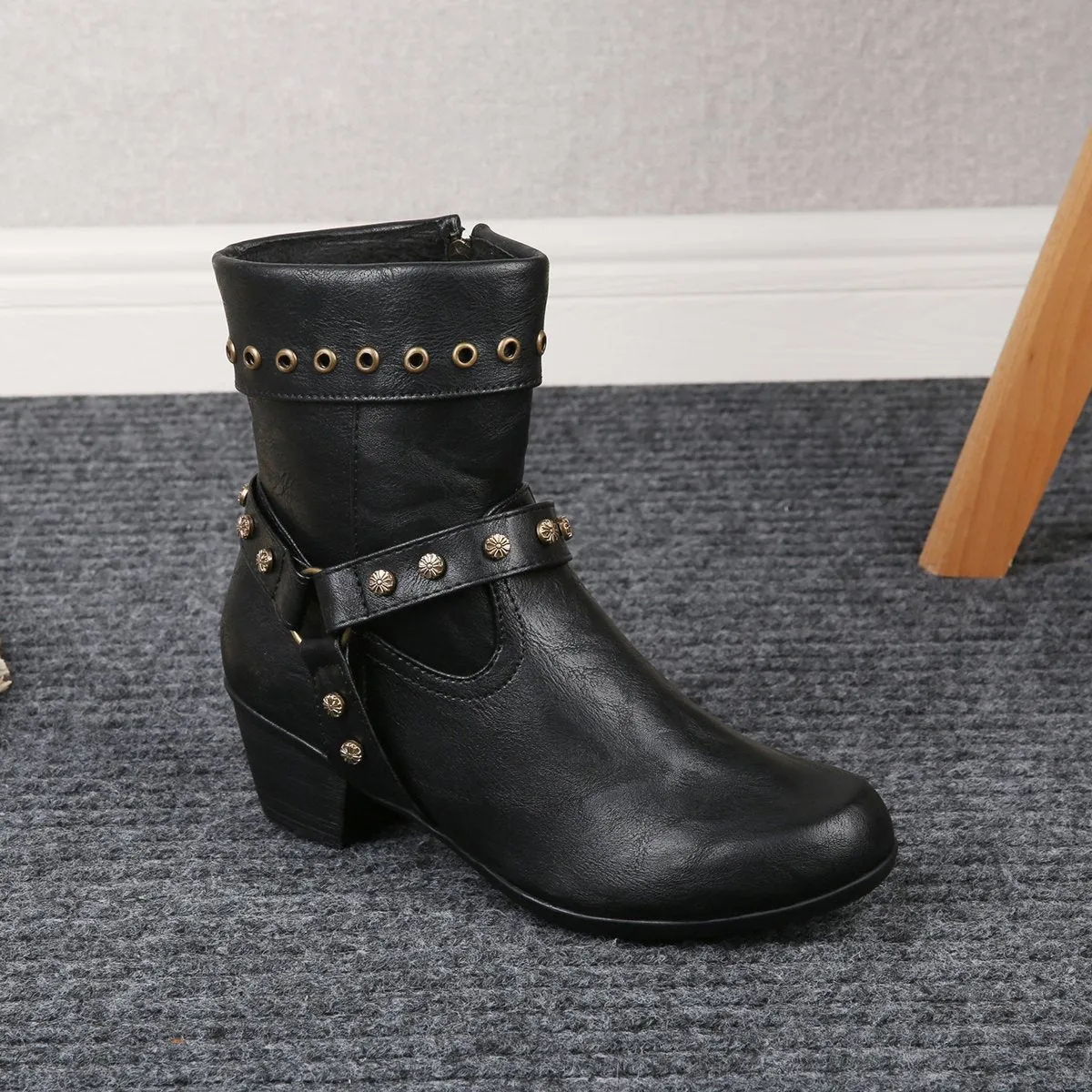 Chicvane New Women's Studded Side Zipper Chunky Heel Ankle Boots