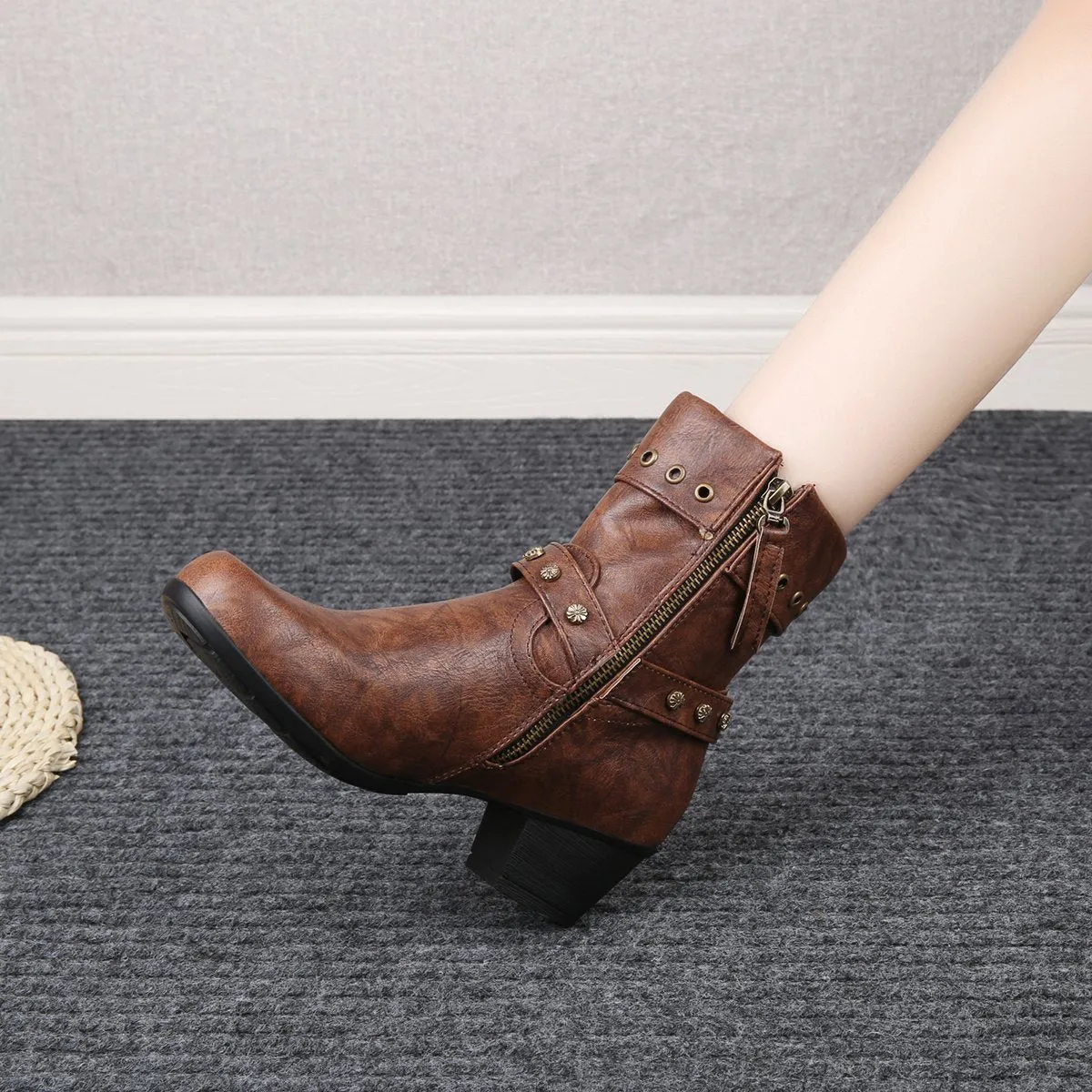 Chicvane New Women's Studded Side Zipper Chunky Heel Ankle Boots