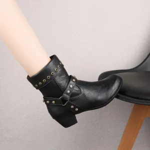 Chicvane New Women's Studded Side Zipper Chunky Heel Ankle Boots