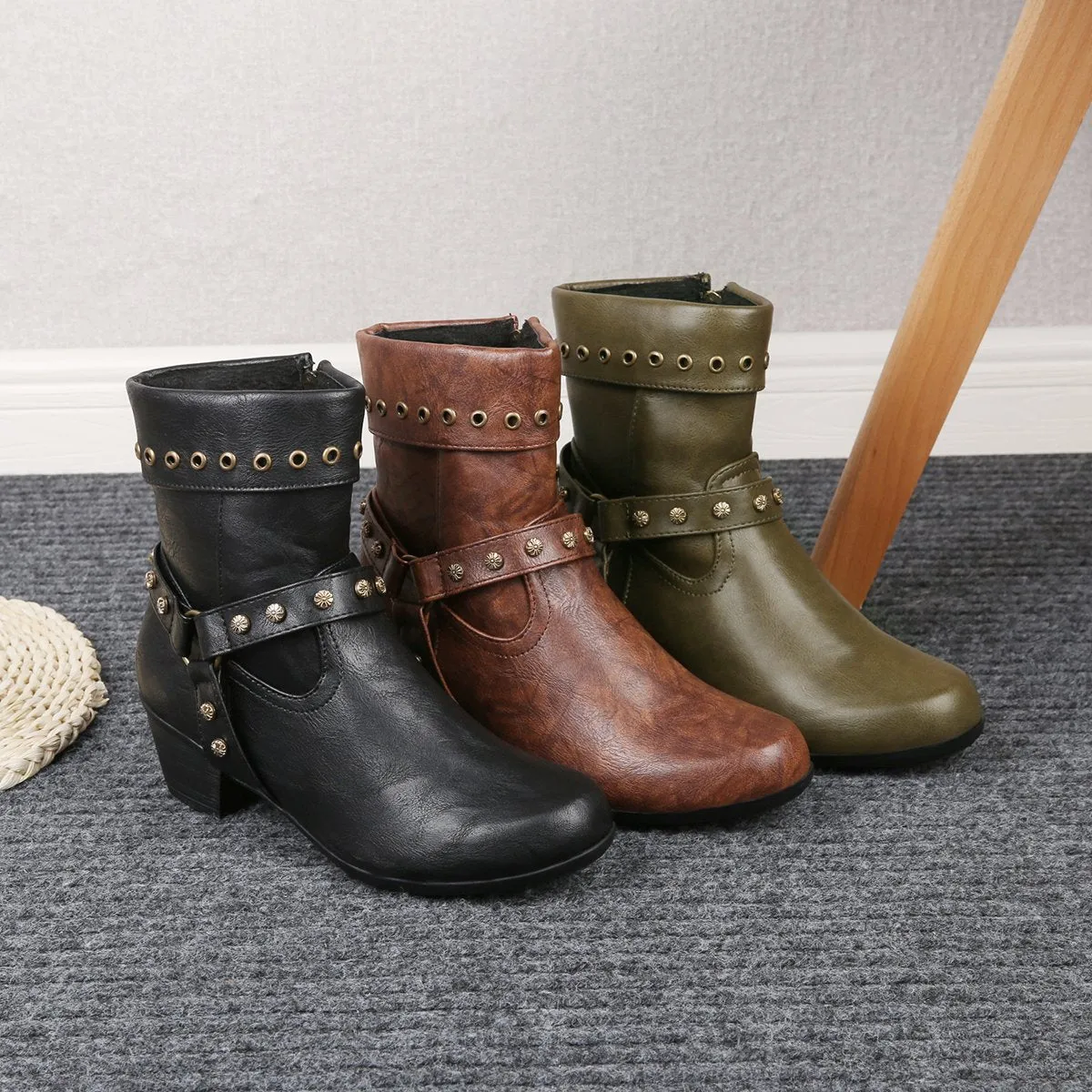 Chicvane New Women's Studded Side Zipper Chunky Heel Ankle Boots