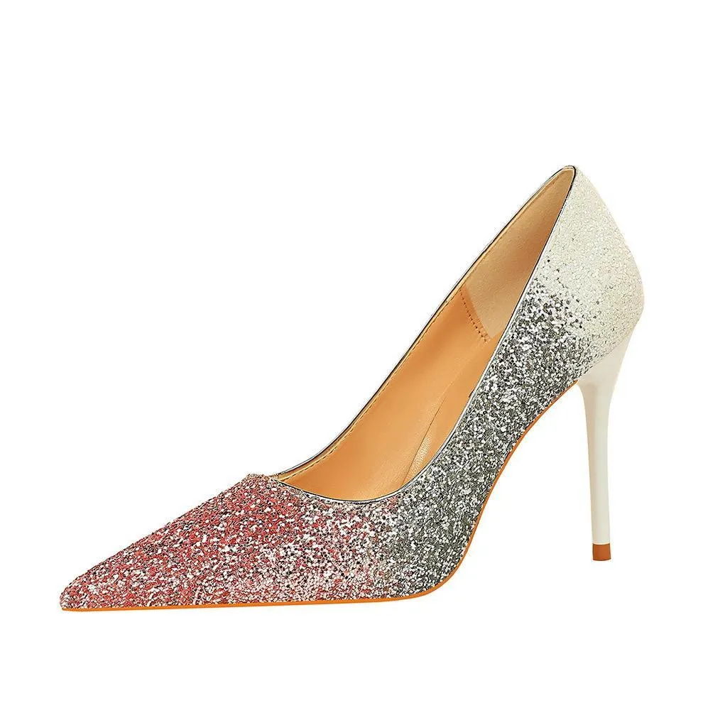Chicvane Womens Gradient Ramp Shine Rhinestones Stiletto Heel Party Bridal Pumps
