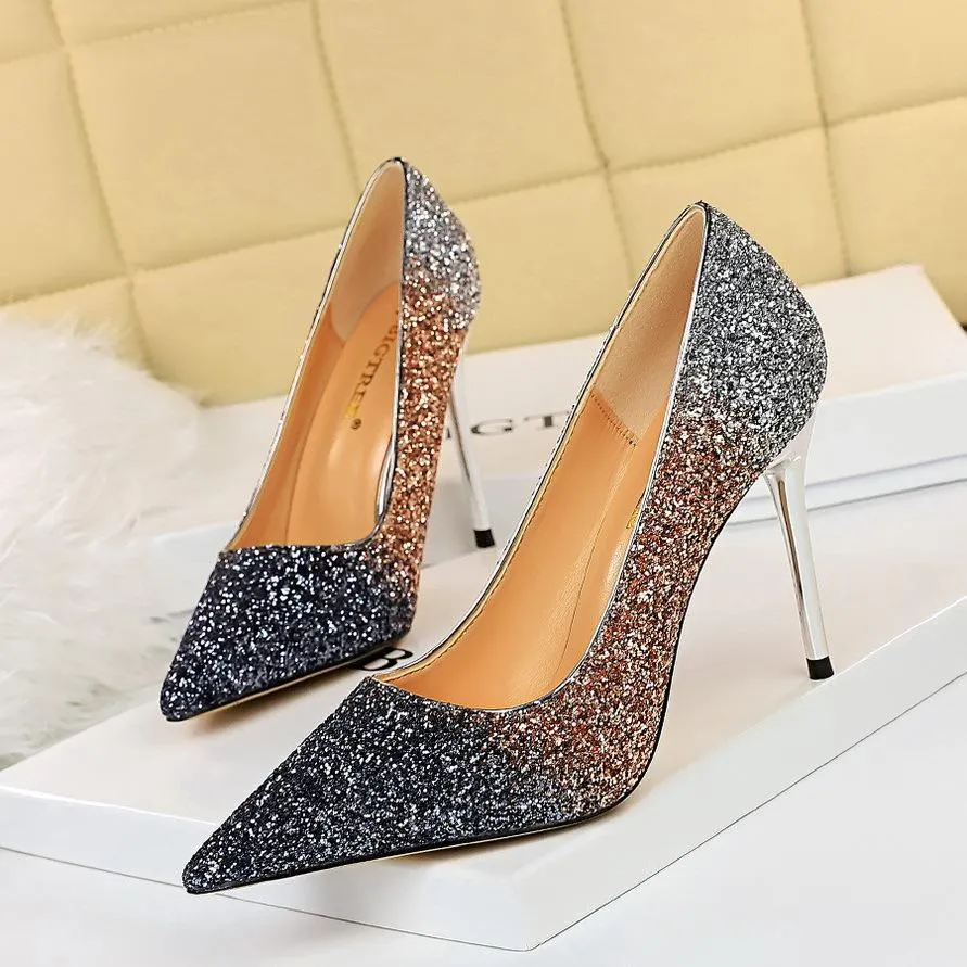 Chicvane Womens Gradient Ramp Shine Rhinestones Stiletto Heel Party Bridal Pumps