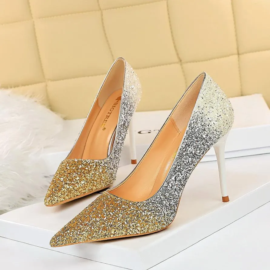 Chicvane Womens Gradient Ramp Shine Rhinestones Stiletto Heel Party Bridal Pumps