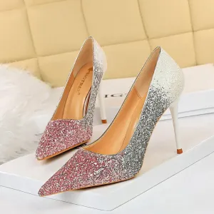 Chicvane Womens Gradient Ramp Shine Rhinestones Stiletto Heel Party Bridal Pumps