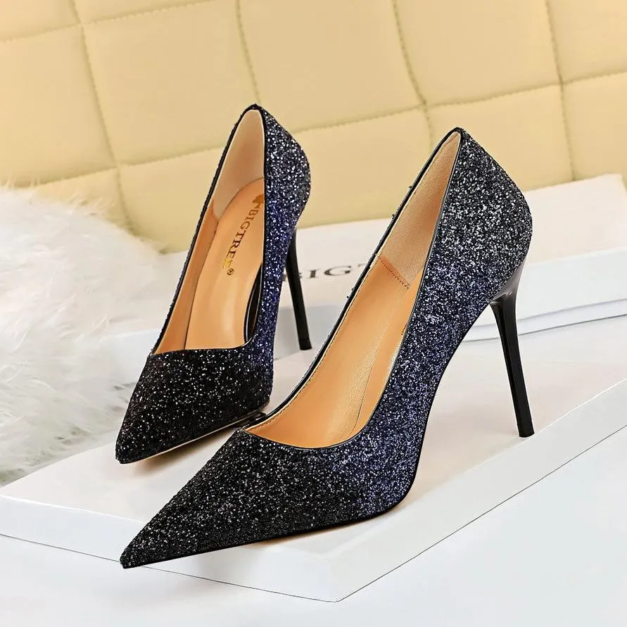 Chicvane Womens Gradient Ramp Shine Rhinestones Stiletto Heel Party Bridal Pumps