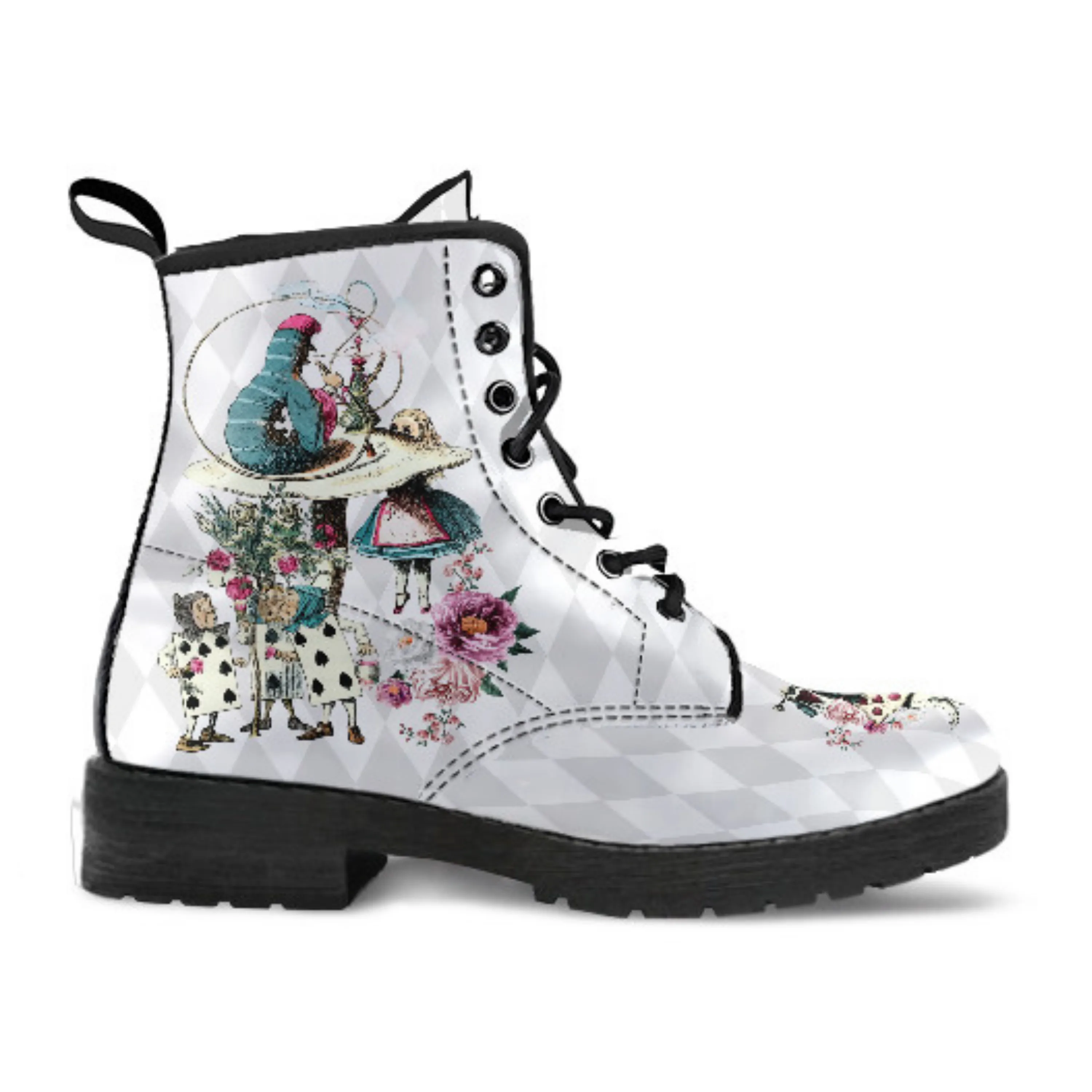 Combat Boots - Alice in Wonderland Gifts #41 Colorful Series | White Boots, Handmade Lace Up Boots, Women's Boots, Custom Shoes