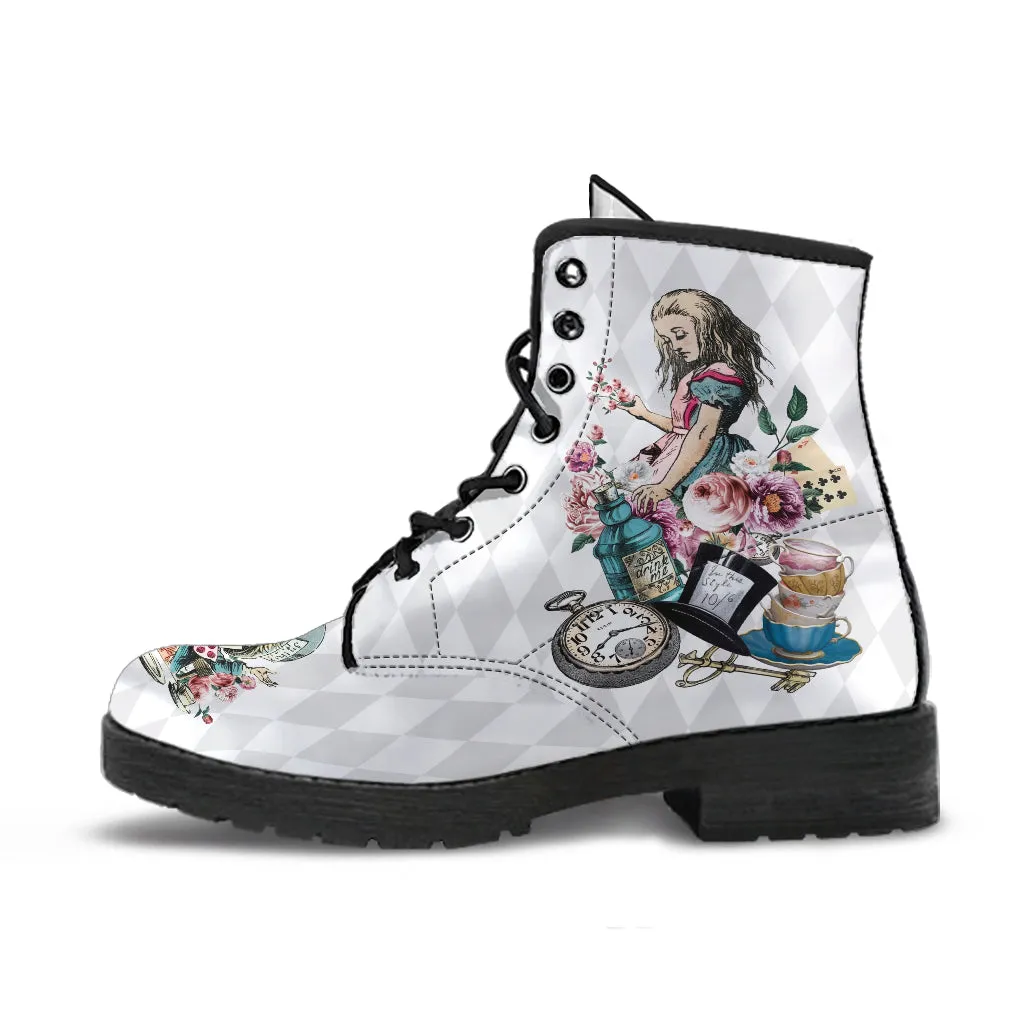 Combat Boots - Alice in Wonderland Gifts #41 Colorful Series | White Boots, Handmade Lace Up Boots, Women's Boots, Custom Shoes