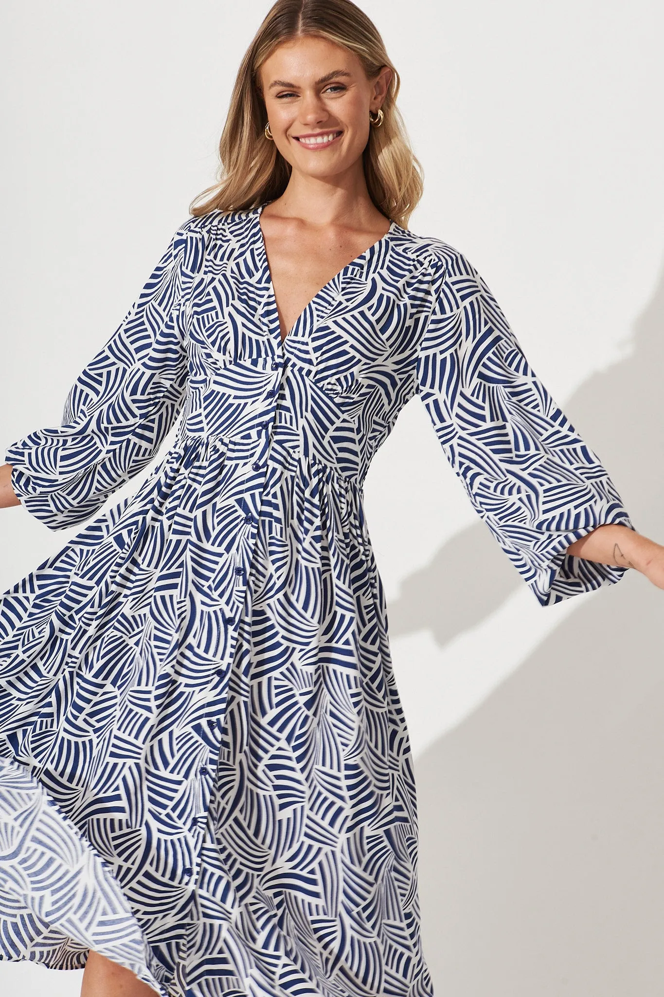 Elanora Midi Shirt Dress In Navy With White Print