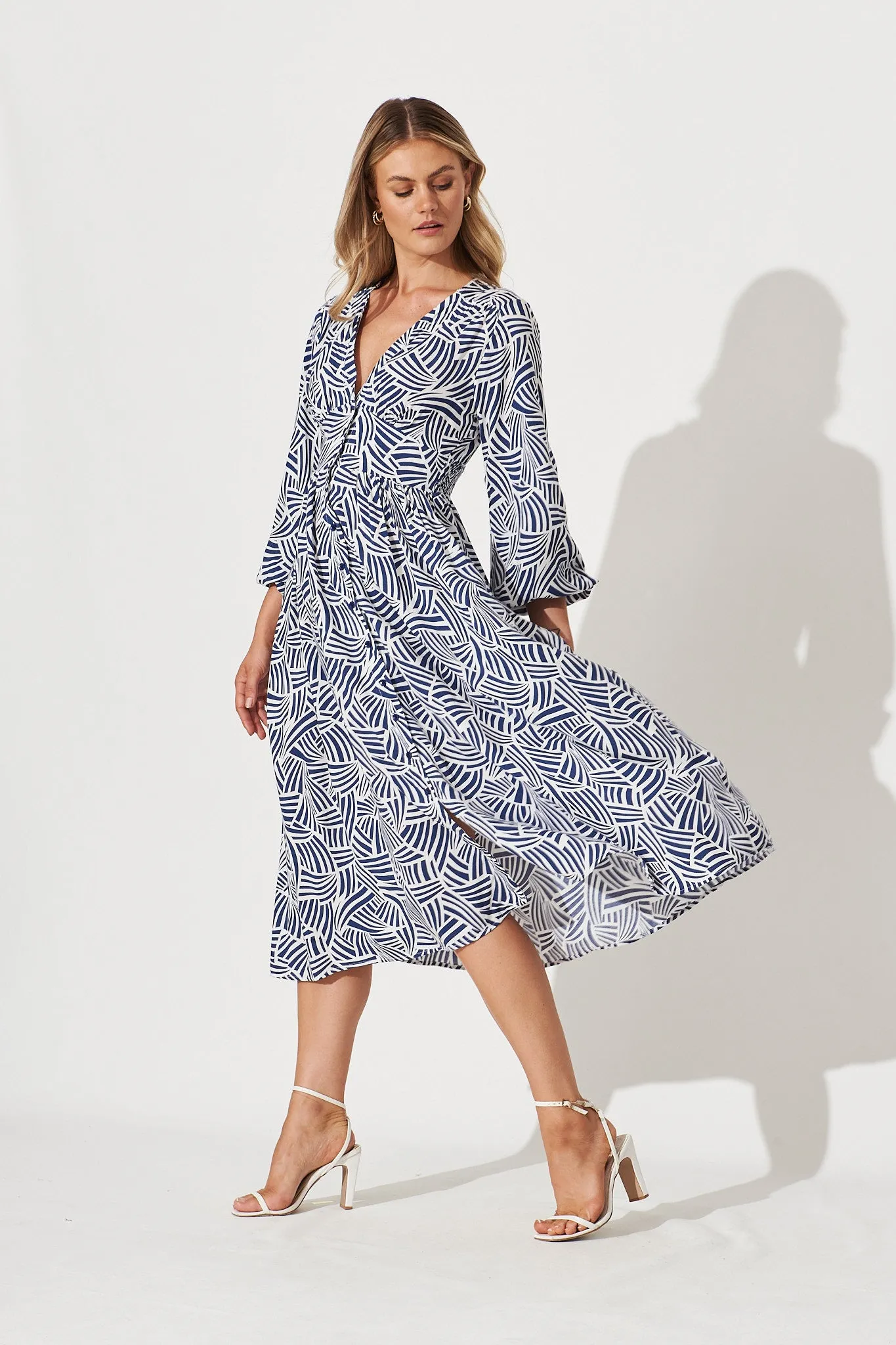Elanora Midi Shirt Dress In Navy With White Print