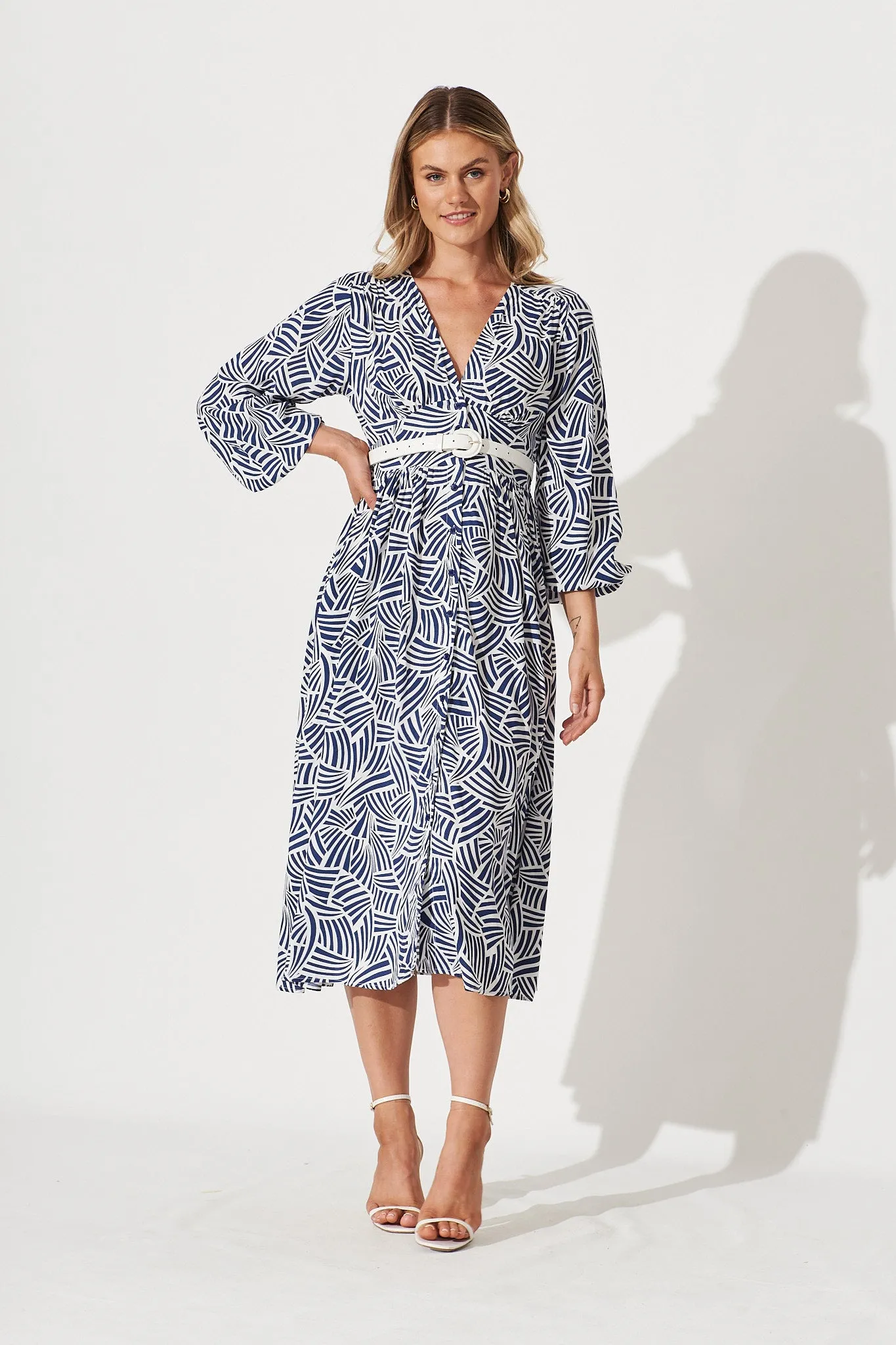 Elanora Midi Shirt Dress In Navy With White Print