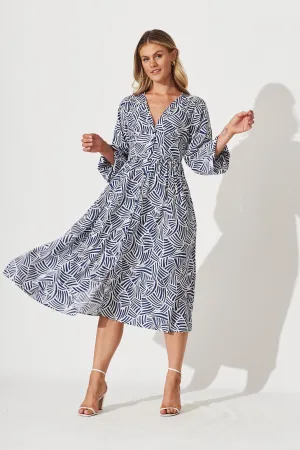 Elanora Midi Shirt Dress In Navy With White Print
