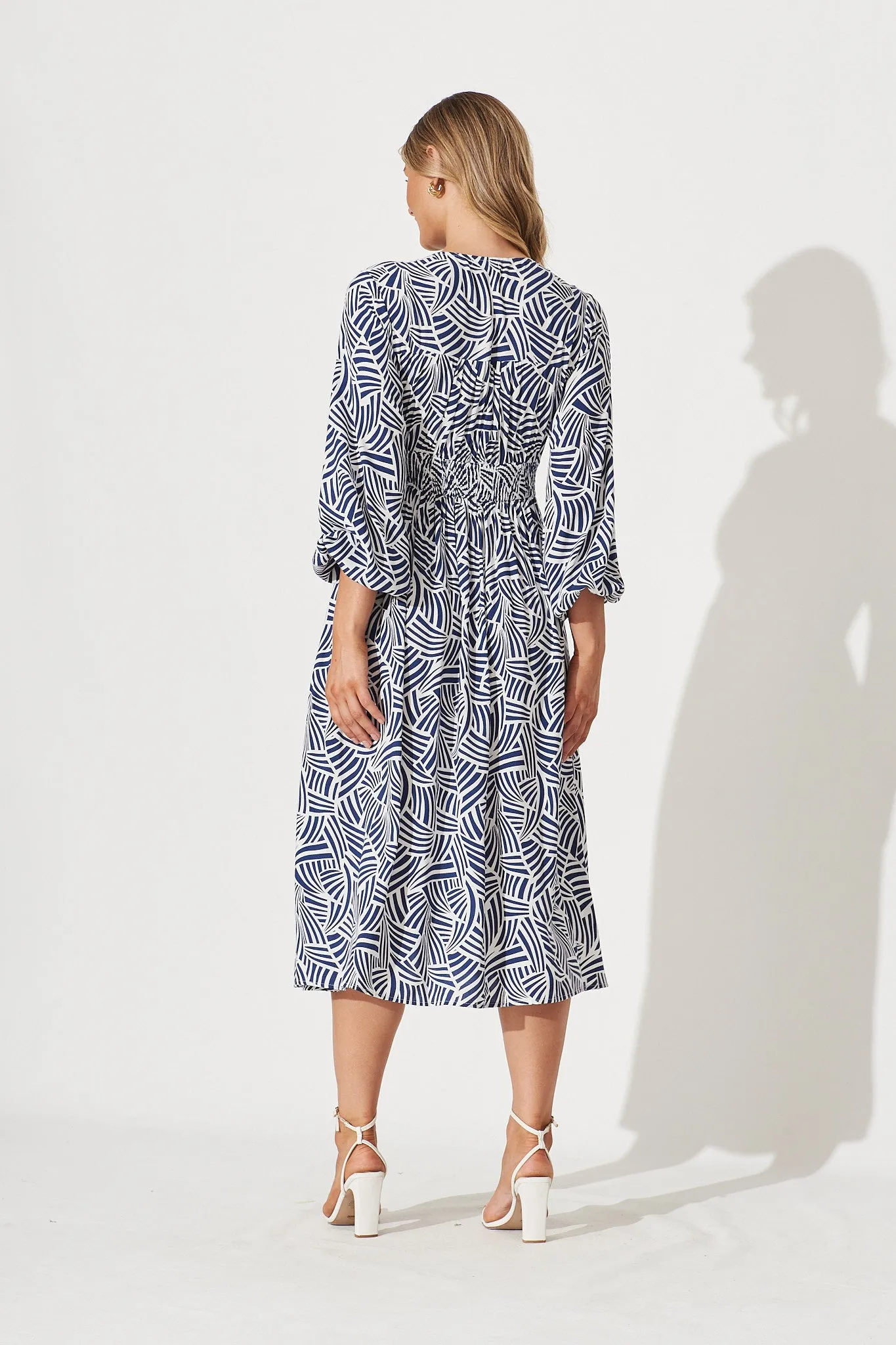 Elanora Midi Shirt Dress In Navy With White Print