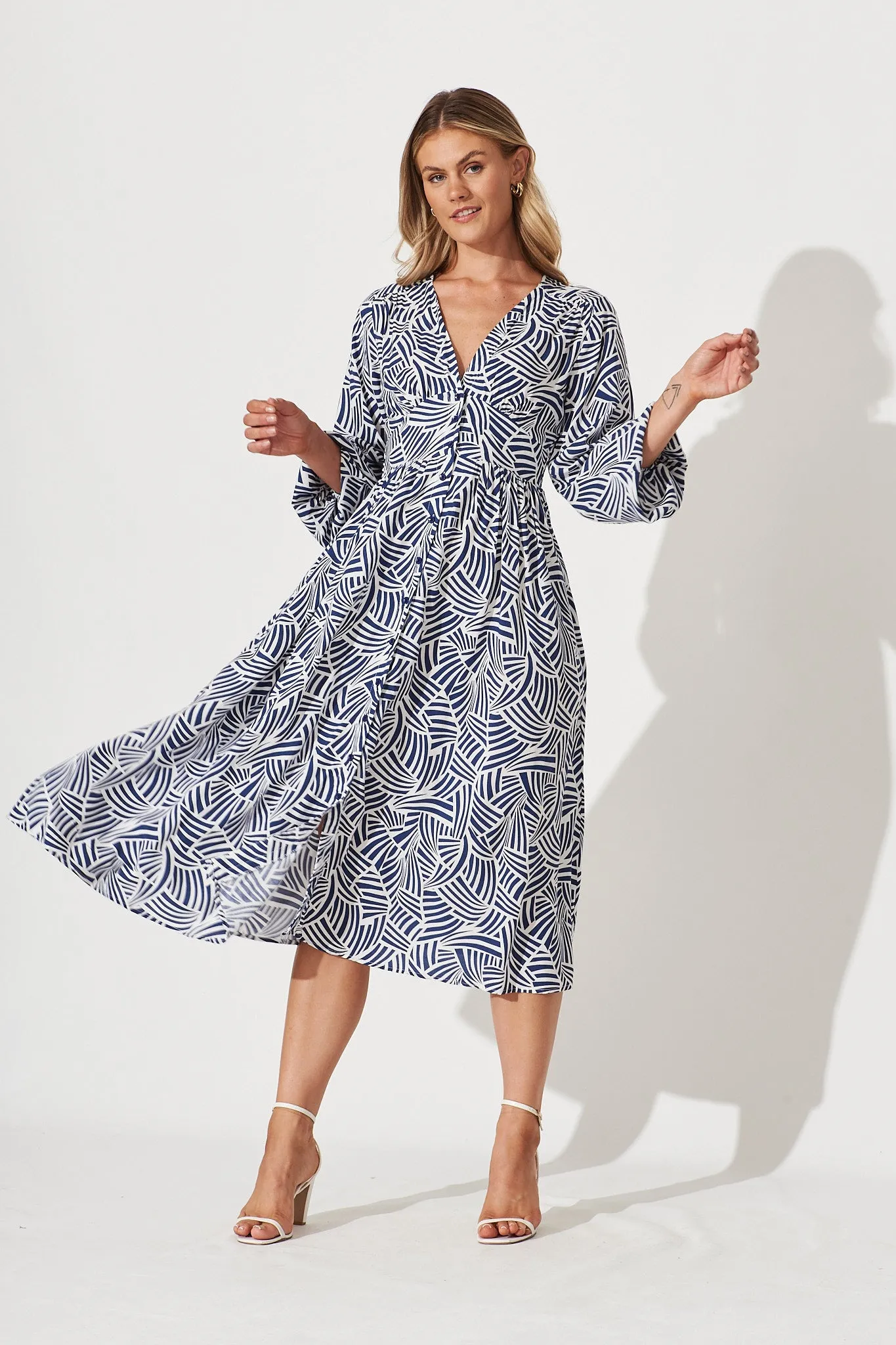 Elanora Midi Shirt Dress In Navy With White Print