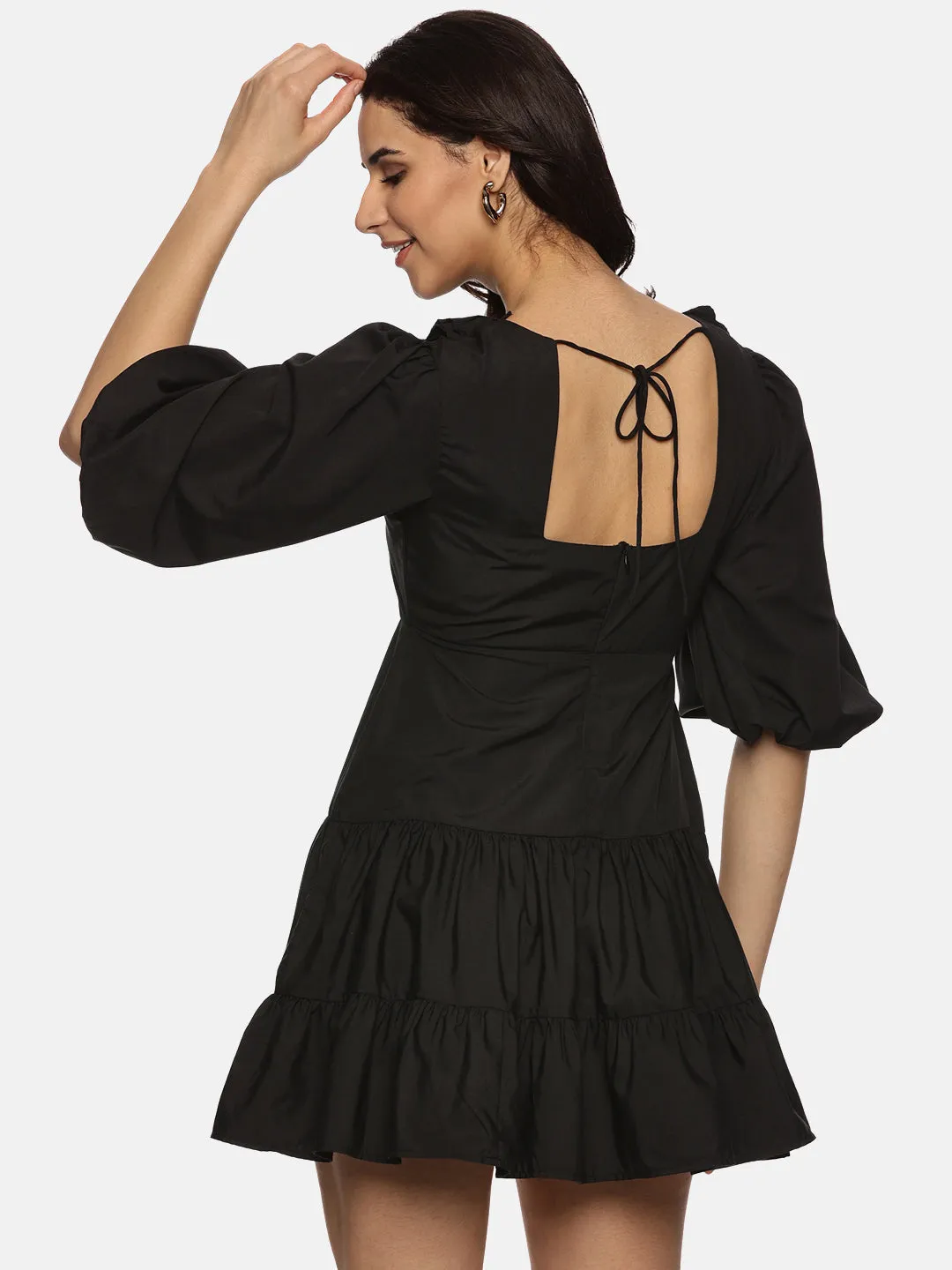 IS.U Solid Black Puff Sleeve Mini Dress