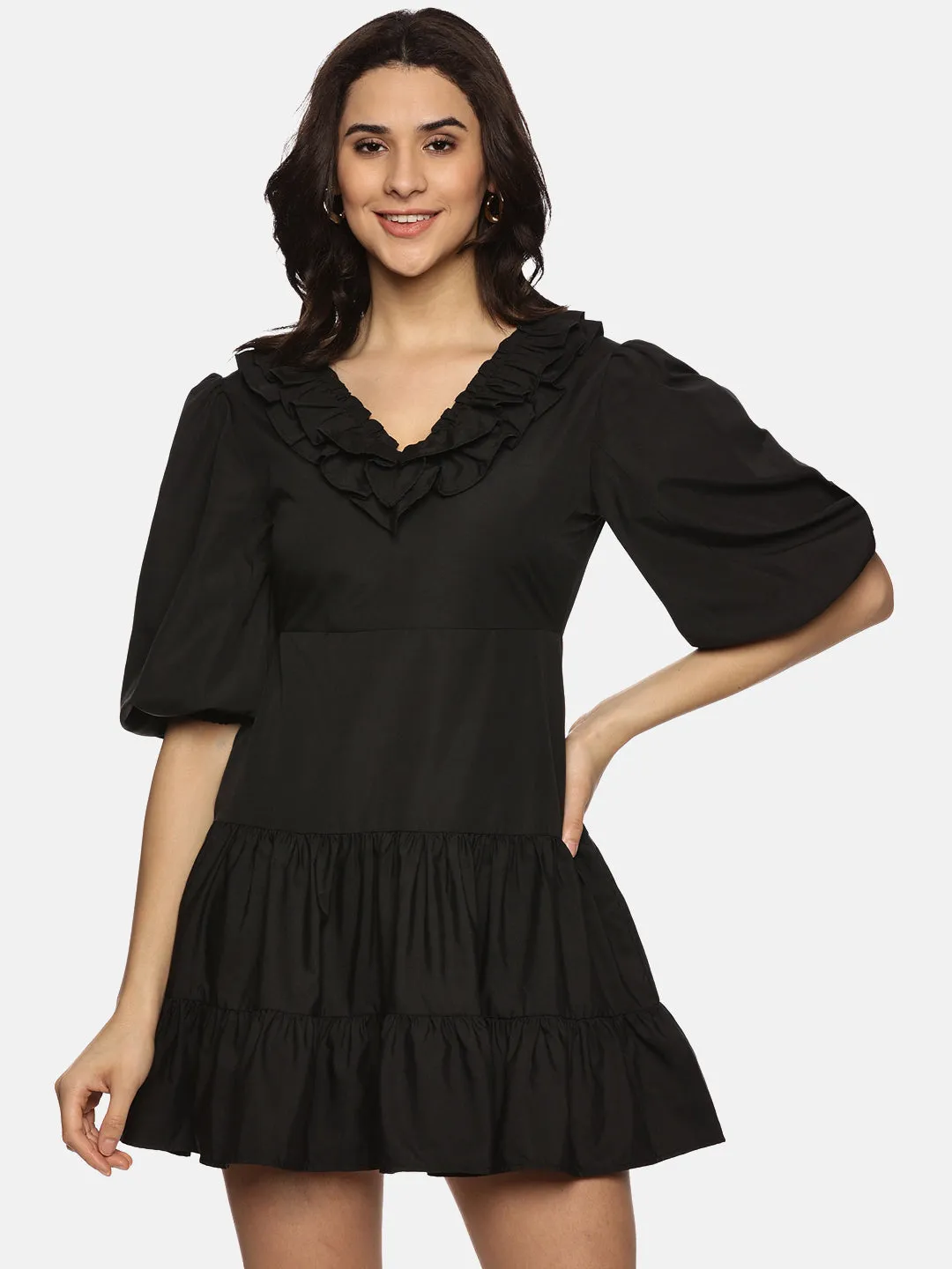 IS.U Solid Black Puff Sleeve Mini Dress