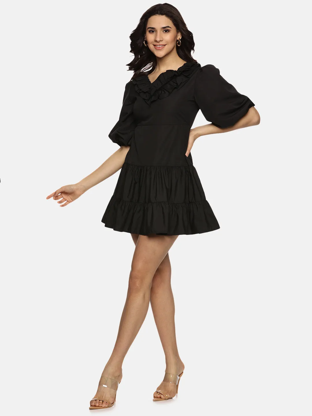 IS.U Solid Black Puff Sleeve Mini Dress