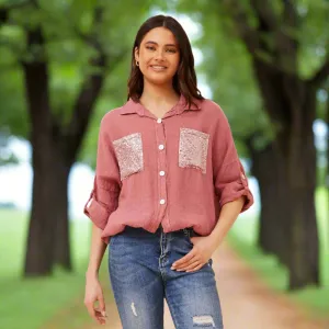 Sequin Pocket Shirt With Collar - Pink