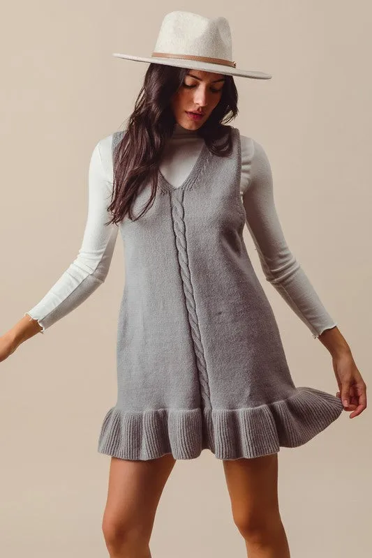 Sleeveless V Neck Ruffle Hem Rib Knit Dress