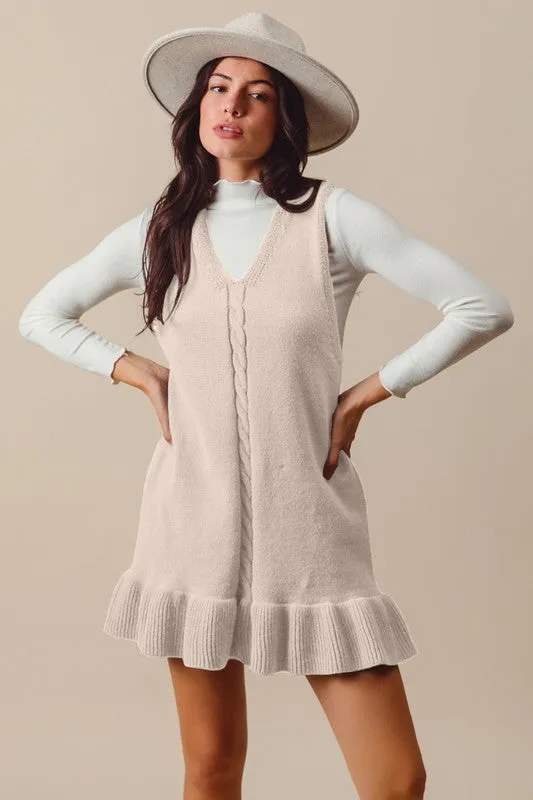 Sleeveless V Neck Ruffle Hem Rib Knit Dress