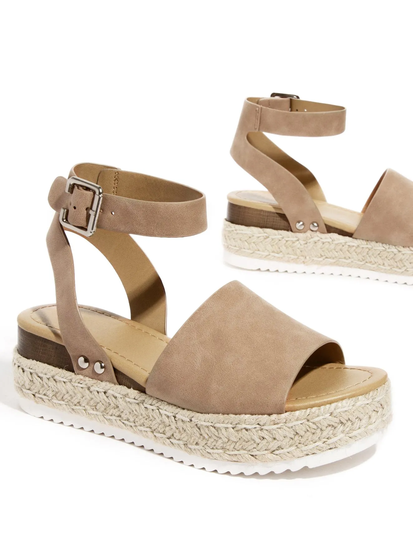 Soda Topic Espadrilles Flatform Studded Wedge Open Toe Sandals (5.5 M US, Natural Taupe Nubuck)
