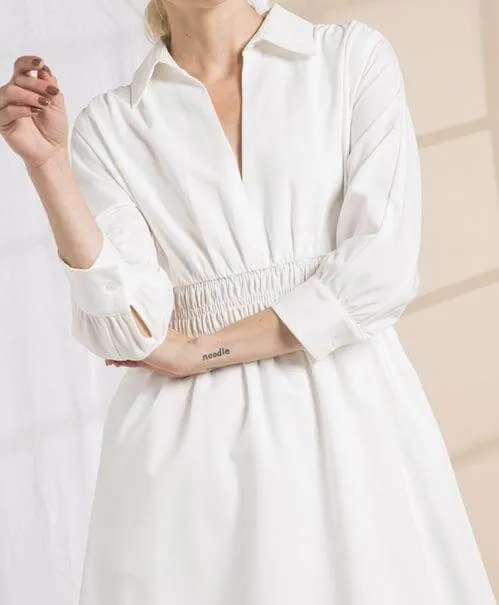 The Dorothy Dress: Solid Collar V Neck Waist Smocked Mini Dress